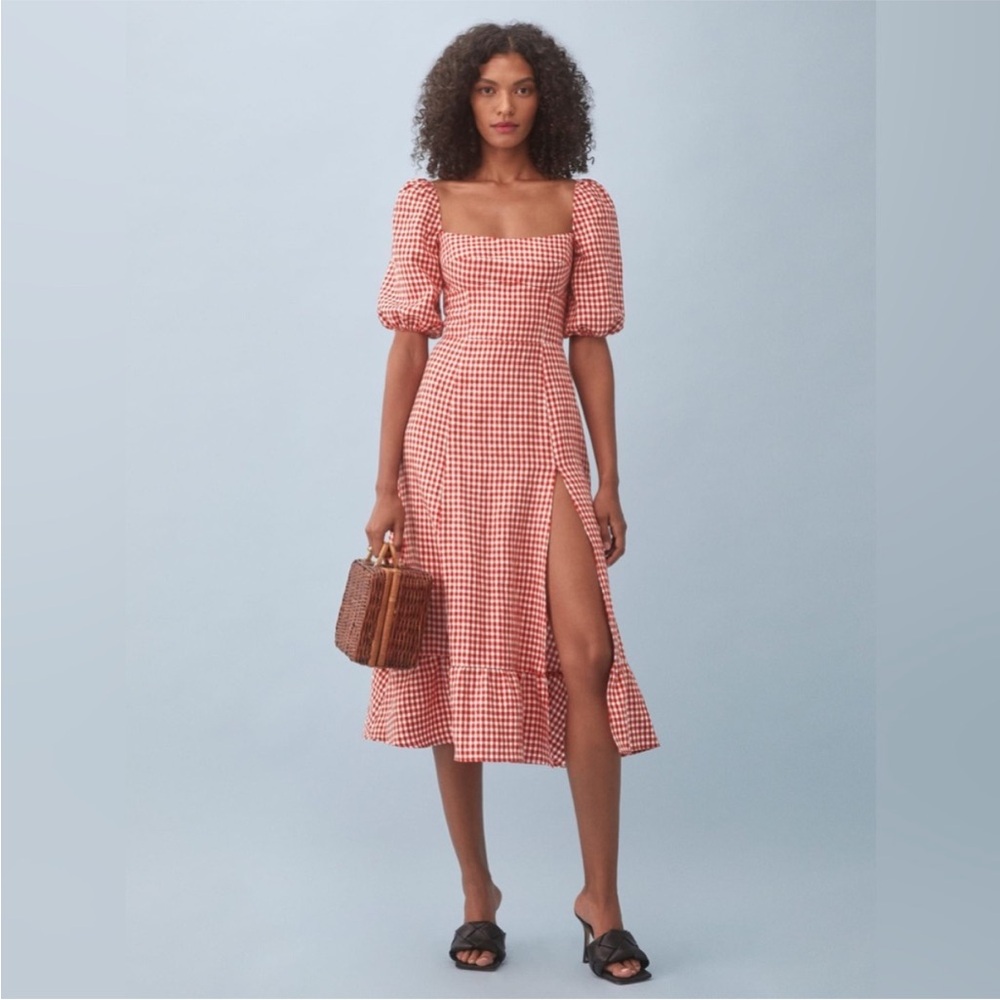 Reformation Red and White Check Midi Dress